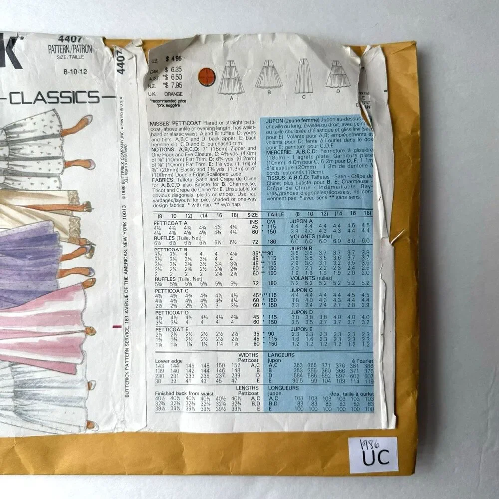 Vtg 80s BUTTERICK Sewing Pattern 4407 Petticoat Slip Women Sz 8-10-12 Skirts UC